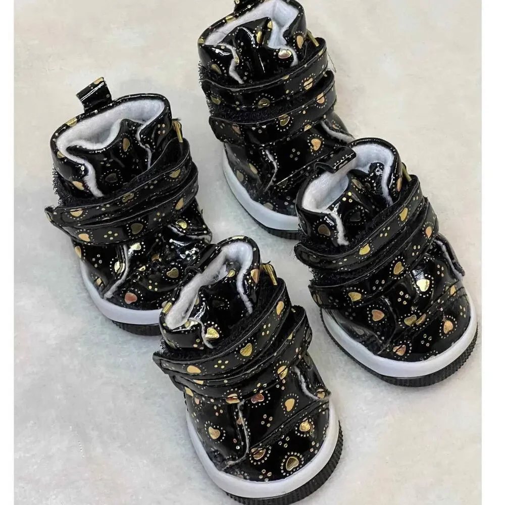 Parisian Pet Black Boots Golden Hearts Double Cinch Straps Rear Pull Tabs SZ XL